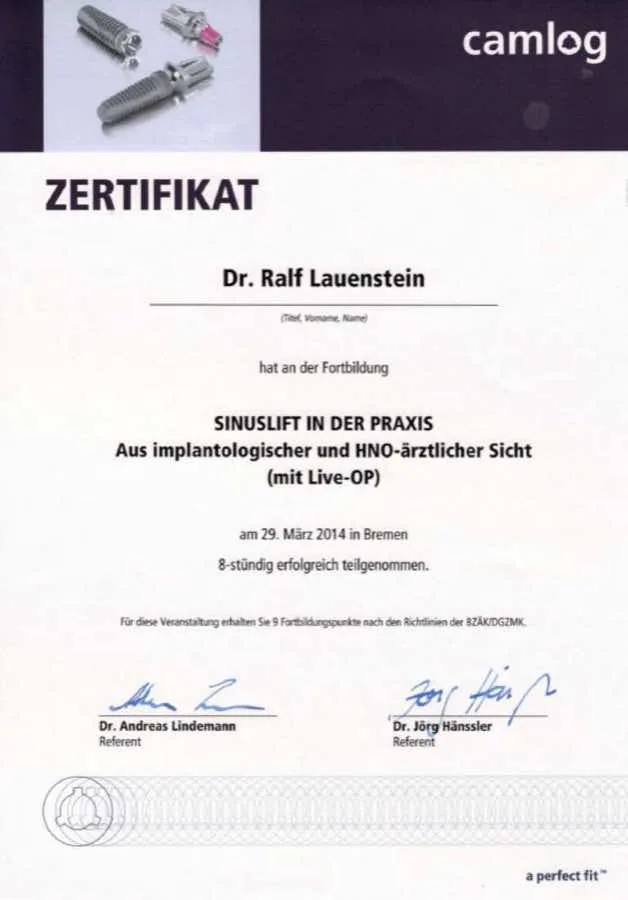 Sinuslift: Fortbildungsnachweis · 2016