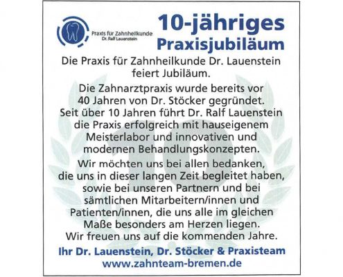 Zahnarzt Bremen Dr-Lauenstein - 10 Jahre
