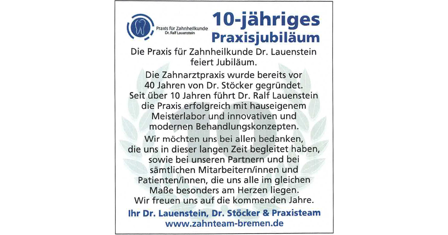 Zahnarzt Bremen Dr-Lauenstein - 10 Jahre